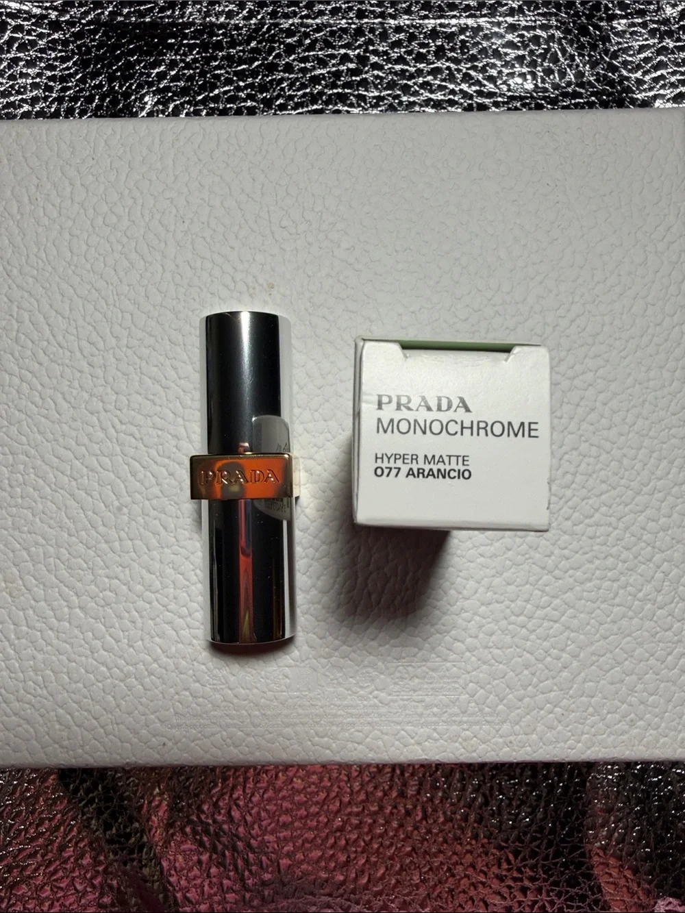 Prada Monochrome Lipstick 077 Copper-Tone Silver Tube